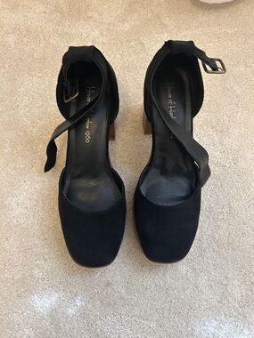 House of Harlow 1960 Black Suede Ankle-Strap Block Heels with Square Toe